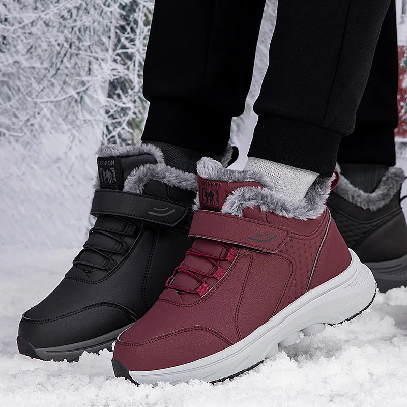 Winter Plush Lined Elderly Shoes PU Leather Non-Slip Rubber Adjustable Strap Warm Snow Boots Comfort Walking Shoes for Elderly
