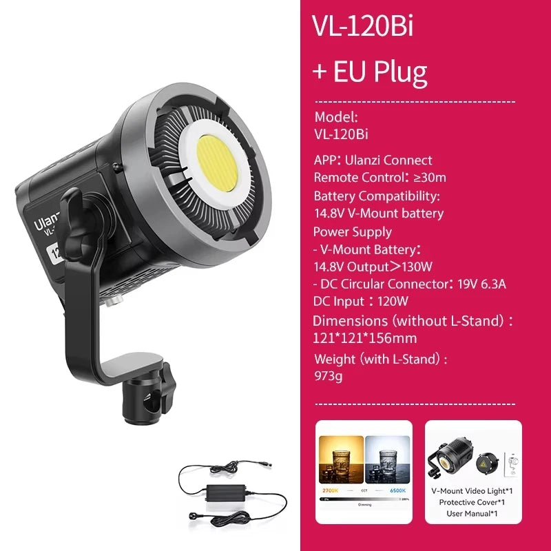 ភ្លើងវីដេអូ Ulanzi VL-120Bi VL-120C 120W V-Mount COB ឥតខ្សែ គ្រប់គ្រងដោយកម្មវិធី 2700K-6500K CRI>95 សម្រាប់ស្ទូឌីយោថតរូបវីដេអូ