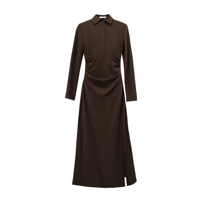Amii Dress for Women Autumn Notched Collar Button Placket Slim Waist Asymmetrical Knitted Midi Dresses Woman Clothing 12623076
