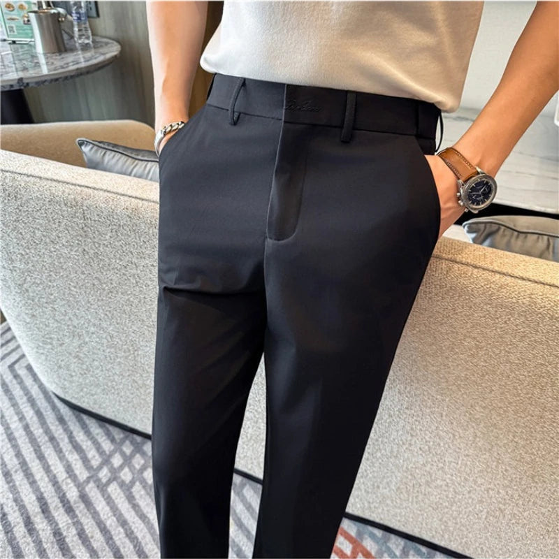 Men Summer Business Casual Trousers Lightweight Stretch Suit Pants Elastic Waist Flat Front Cropped Length Office Wear