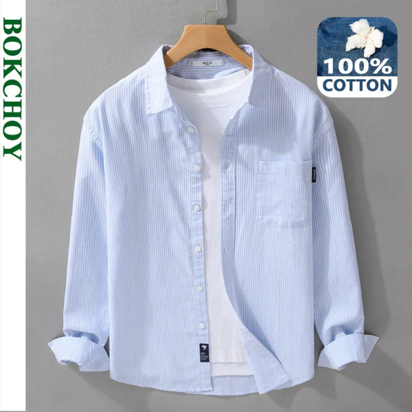 Spring Autumn Simple Striped 100% Cotton Long Sleeve Shirts for Men Clothing Casual Big Pocket Tops FY9920