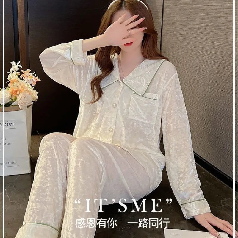 New Elegant Lapel Winter Pajamas Women Warm Gold Velvet Bead Buttons Long Sleeve Tops Pant Set Pyjama Pour Femme Home Clothing