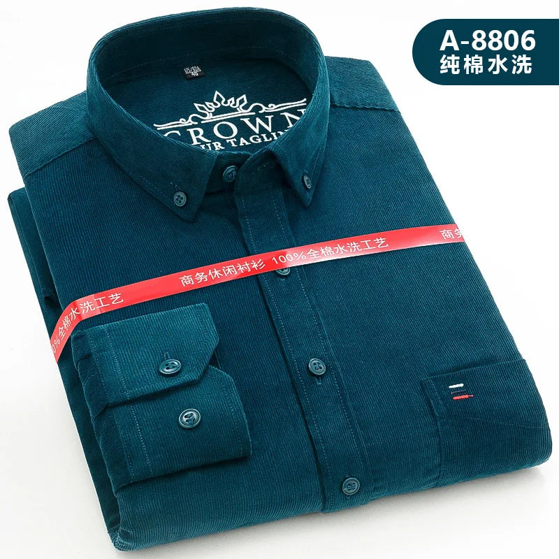 Spring Men's Yellow Long-Sleeve Shirt, Corduroy Collared Shirts, Asian Sizes, Available in Blue, Red, Gray, and Green.