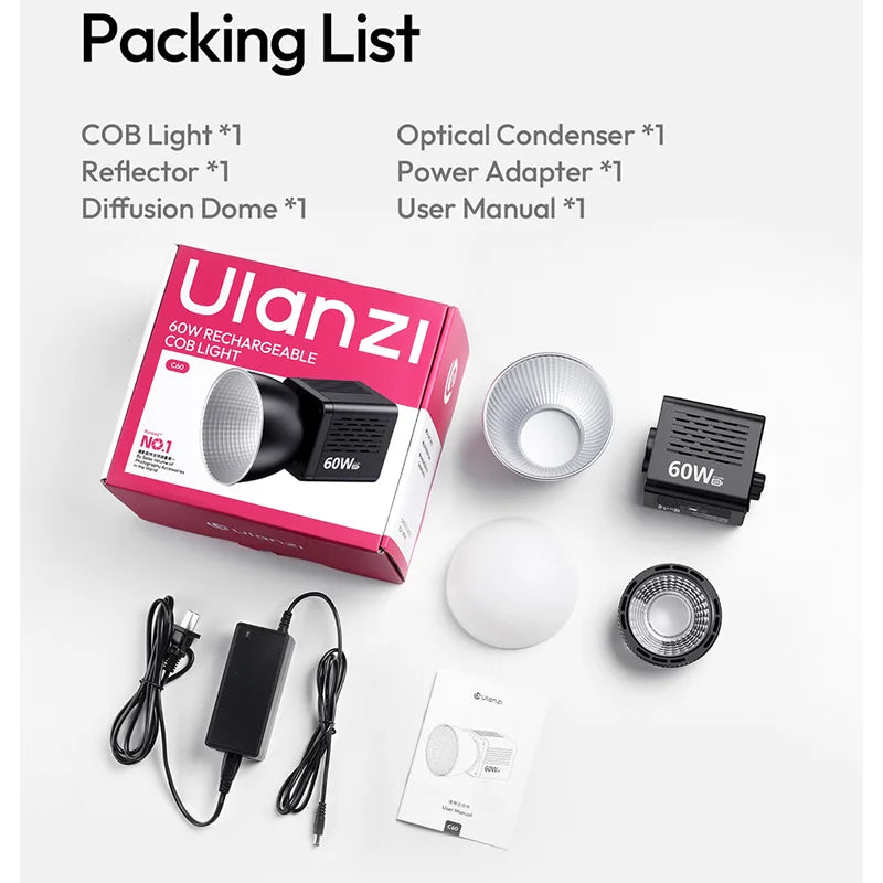 ភ្លើងវីដេអូ Ulanzi C60 60W COB ភ្លើង LED ពីរពណ៌ 2500-6500K 3300mAh Mini Bowens Mount សម្រាប់ថតរូបស្ទូឌីយោ ភ្លើងផ្សាយផ្ទាល់ Vlog
