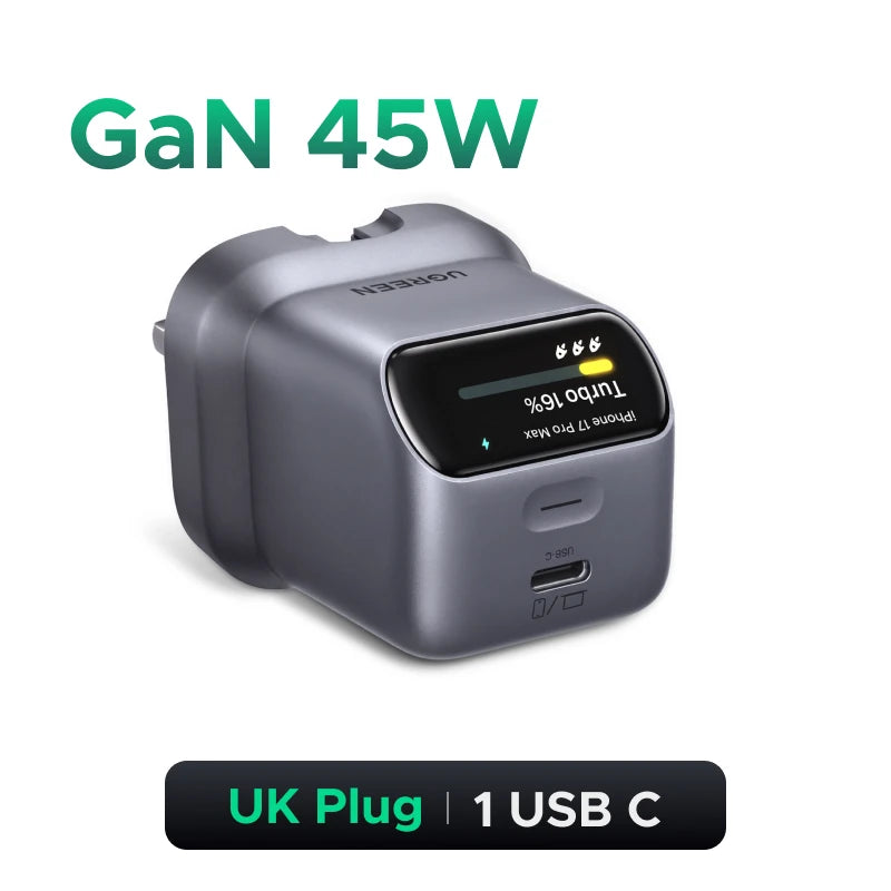 UGREEN 45W GaN Charger With Smart Display PD3.2 AVS PPS UFCS For iPhone 18 17 Pro Max Samsung S26 Macbook iPad Air Xiaomi Tablet
