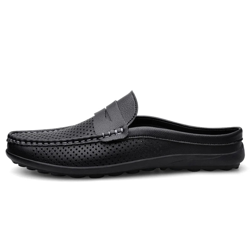 Summer Men Breathable Half Shoes Casual Leather Shoes White Black Slip On Loafers Shoes Big Size 46 47 Dropshipping