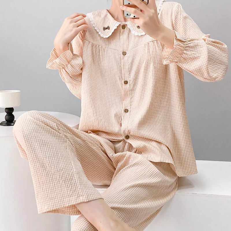 Autumn Sleepwear Plaid Print Pyjama Set 2 Pieces Loungewear Women Suit Long Sleeve Top with Elastic Pants Women's Nightwear