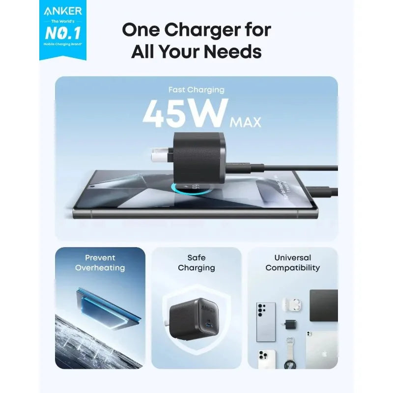 ឆ្នាំងសាក Anker Nano 45W GaN USB-C PD Fast Charger ដុំសាកទំហំតូចអាចបត់បាន សម្រាប់កុំព្យូទ័រយួរដៃ Samsung Galaxy S25 Ultra IPhone