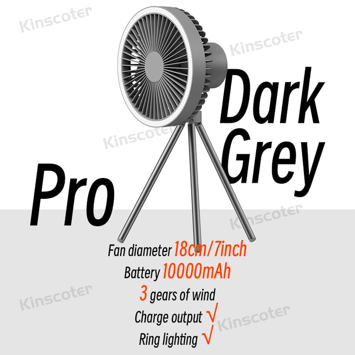 KINSCOTER 10000mAh Camping Tent Fan Multifunctional Rechargeable Desktop Fan USB Outdoor Ceiling Fan with LED Light Lamp Pro Dark Grey