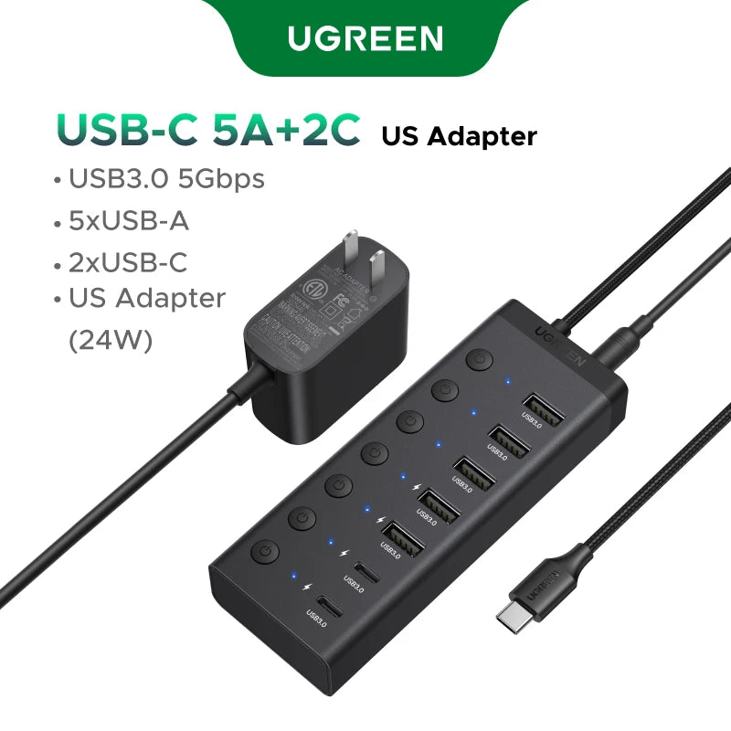 UGREEN USB-A/C HUB 7 Ports with DC Adapter US/EU/UK Plug USB3.0 5Gbps Data Transfer for Desktop PC Laptop USB Splitter Docking