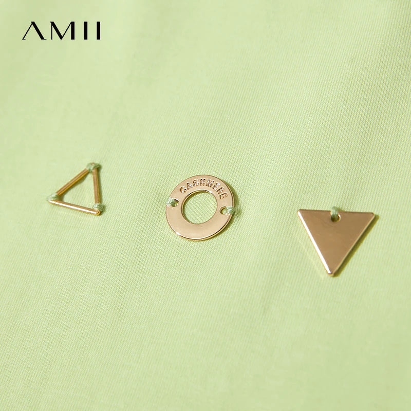អាវយឺត Amii Minimalist សម្រាប់នារី កអាវខ្លី ដៃខ្លី ការតុបតែងធរណីមាត្រ កប្បាសប្រឆាំងបាក់តេរី អាវយឺតយឺត 12521088