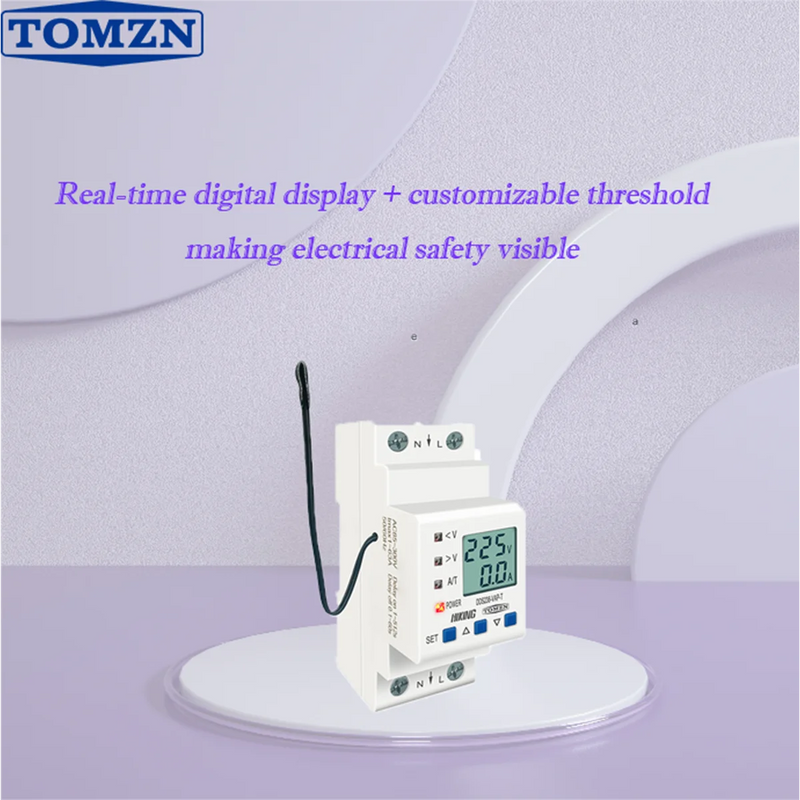 TOMZN Rail-Mount Adjustable Over/Under Voltage Protector With Current/Temperature Limit Protection, Voltage/Current/kWh Metering