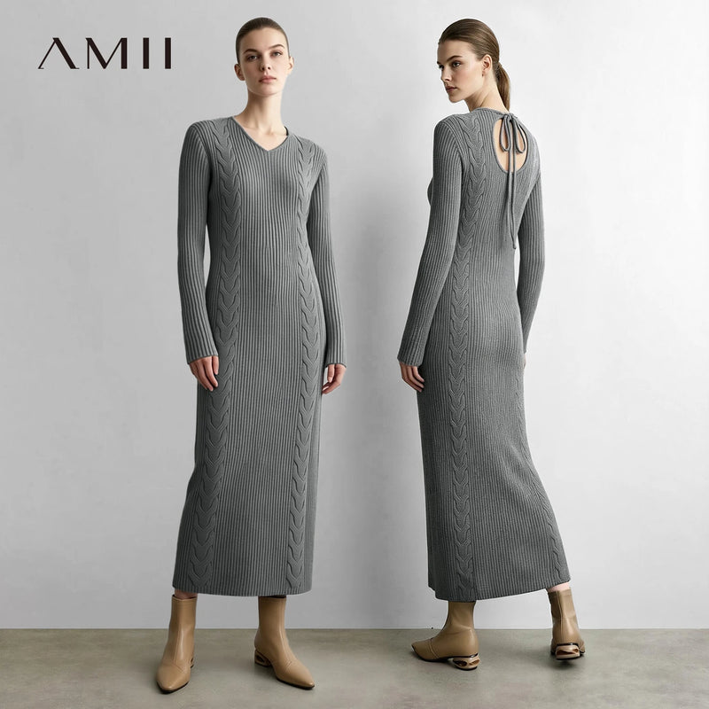 រ៉ូប Amii សម្រាប់នារី ក V ប៉ាក់ Hollow Out វែង Bodycon រាងអក្សរ H ខាងក្រោយ ស្លីម រ៉ូបរដូវស្លឹកឈើជ្រុះបែប Minimalist សម្រាប់នារី 12643101