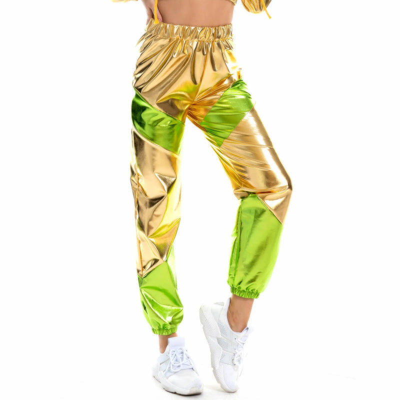 2026 New Women's Blue-Black Pants, Elastic Waist Color-Blocked Trousers, Perfect for Nightclubs/Parties/Dancing.
