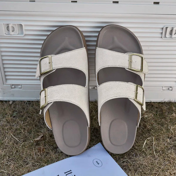 Men Women Two Strap Buckle Slide Sandals Adjustable Metal Buckle Comfort Footbed Flat Slides Orthopedic Summer Beach Slippers