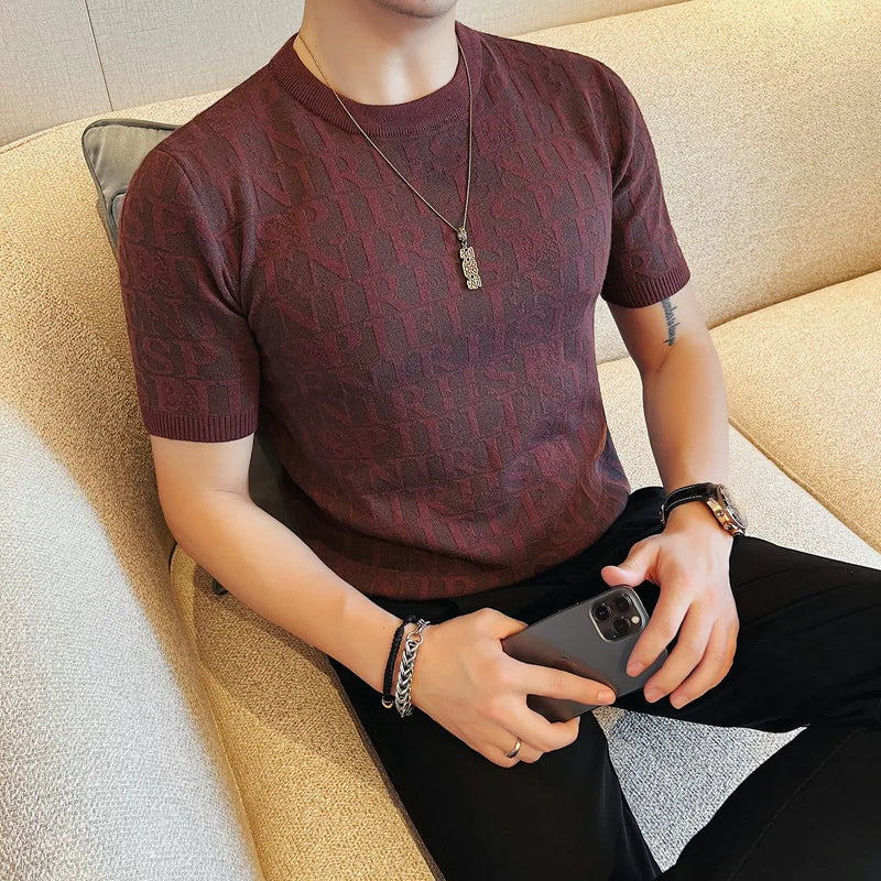 Men's Slim Fit Short Sleeve T-Shirt Casual Round Neck Letter Print Knitted Top
