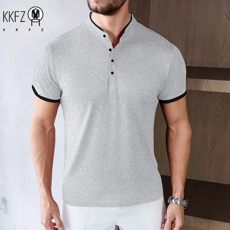 2025 New Men's Casual and Fashionable Solid Color Short Sleeved Stand Up Collar T-shirt Summer Versatile and Comfortable Top