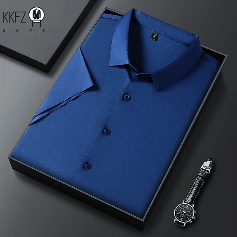 New Men's Business Casual Solid Color Short Sleeved Shirt for Summer Fashion No Ironing Comfortable and Versatile Top