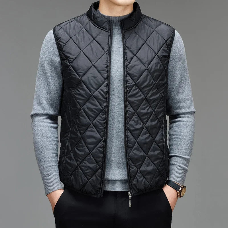 Mens Casual Light Padded Sleeveless Gilet Stand Collar Diamond Quilted Vest Windproof Waistcoat Outdoor Inner Layer Top
