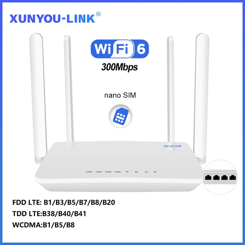 4G LTE WIFI Router WiFi 6 Mobile Modem 300Mbps Signal Amplifie With Nano SIM Card Slot 4 LAN Interfaces Support 32 Wireless Use