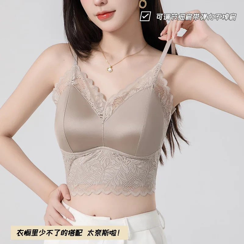 Lace Satin Chest Pad Top Integrated Fixed Cup Seamless Breathable Sling Vest Women One Piece Pajamas Sleepwear Underwear