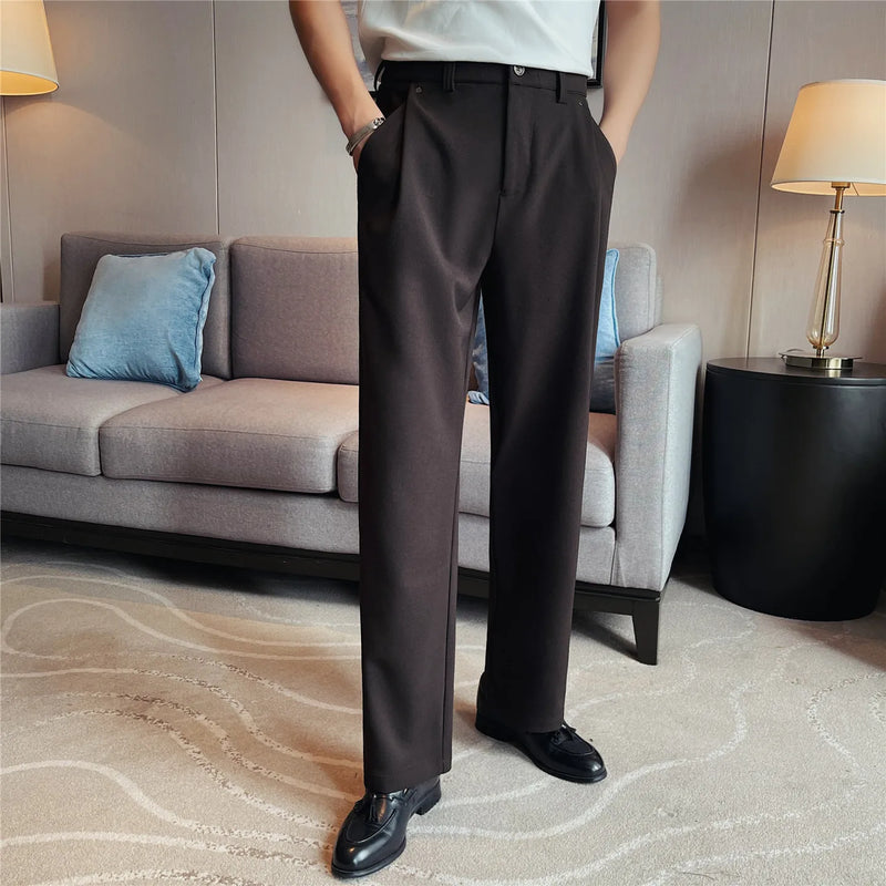 Men's Old Money Style Straight-Leg Trousers – Wrinkle-Resistant Drapey Fabric with Elastic Waist for Summer