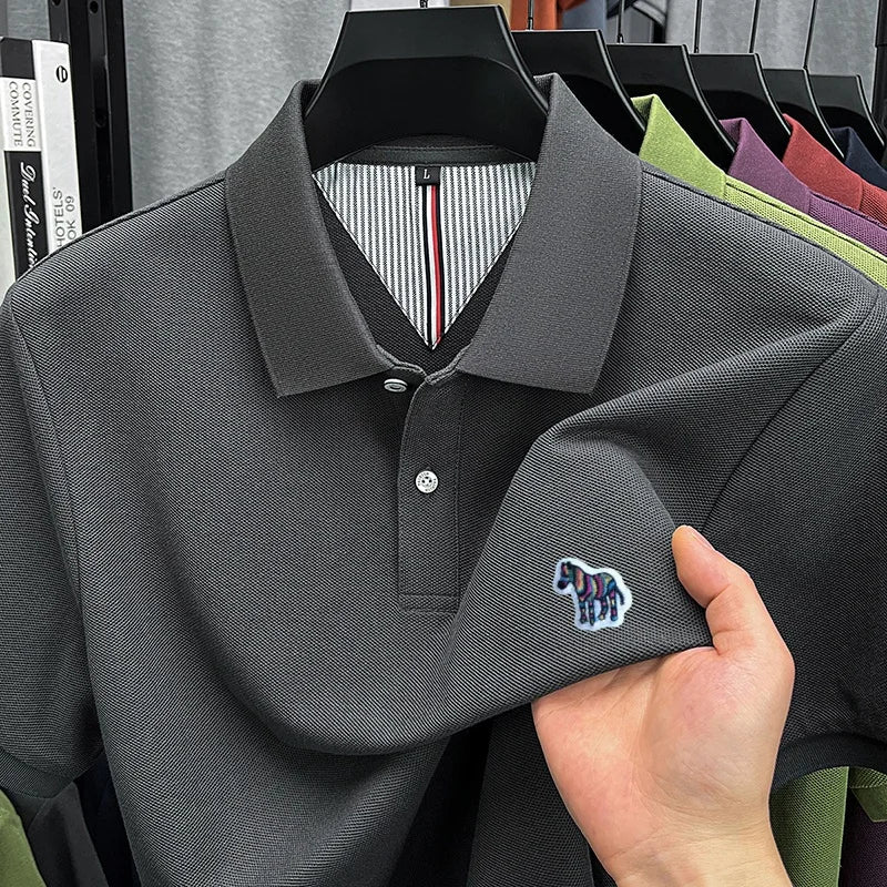 High Quality 100% Cotton Summer Man Short-Sleeved Polo Shirt Lapel Button Slit Hem Zebra Embroidery Snug Ventilate Men'sClothing