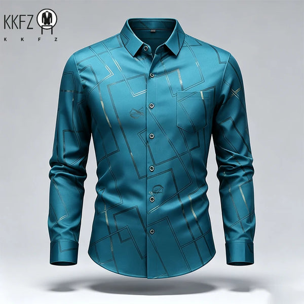 Mens Slim Long Sleeve Dress Shirt Soft Silky Fabric Classic Turn Collar Button Placket Daily Working Casual Outfit