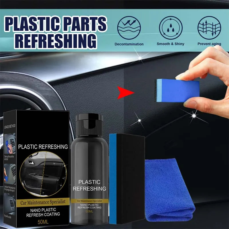 SEAMETAL 50ml Car Plastic Refreshing Coating Agent Set Nano Plastic Refurbish Agent with Sponge Cloth for Car Accessories