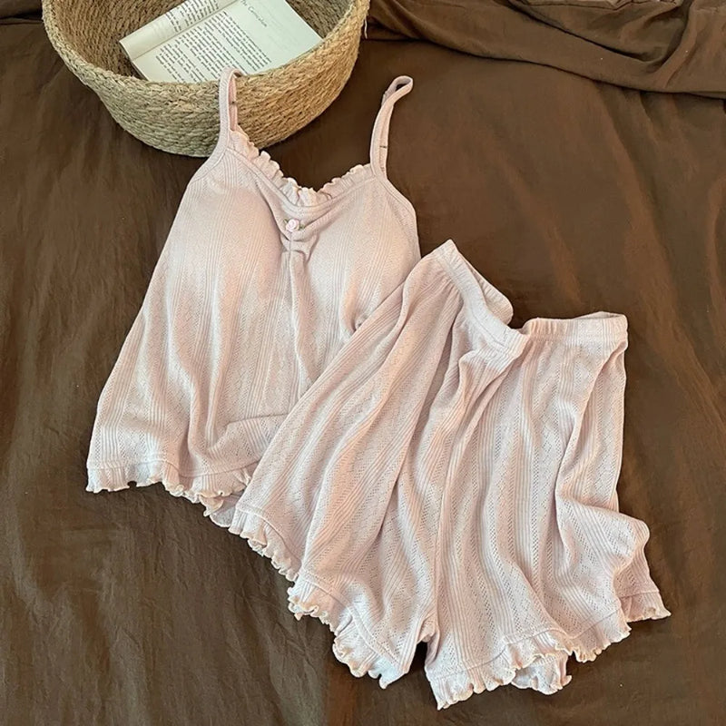 Chest Pad Pajamas Woman Summer Two-Piece Ladies Set Home Wear Sleepwear Cotton Women's Loungewear Sleeveless Pyjama Set Woman