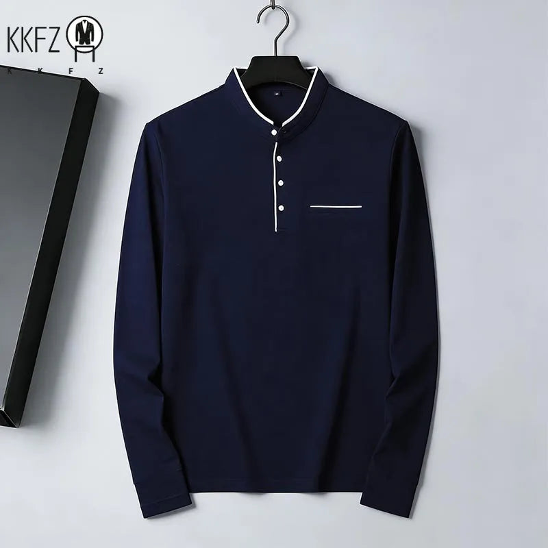 2026 New Men's Navy Blue Stand Collar Long Sleeve Polo Shirt Office Business Commute Top
