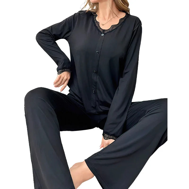 Solid Color Knitted Cotton Splicing Lace V-neck Long-sleeved Trousers Set Women's Pajamas Loungewear Sleepwear Pijamas Female