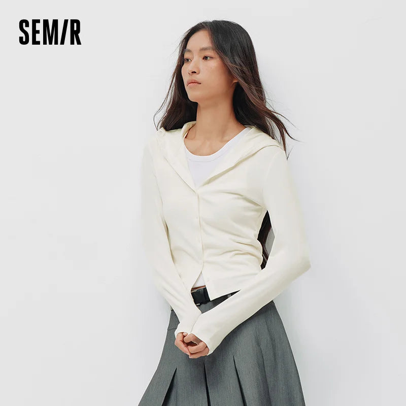 Semir Women Tshirt 2026 New Short Lace Trim Hooded Slim Fit Gentle Long Sleeve Casual Soft Comfortable Tops