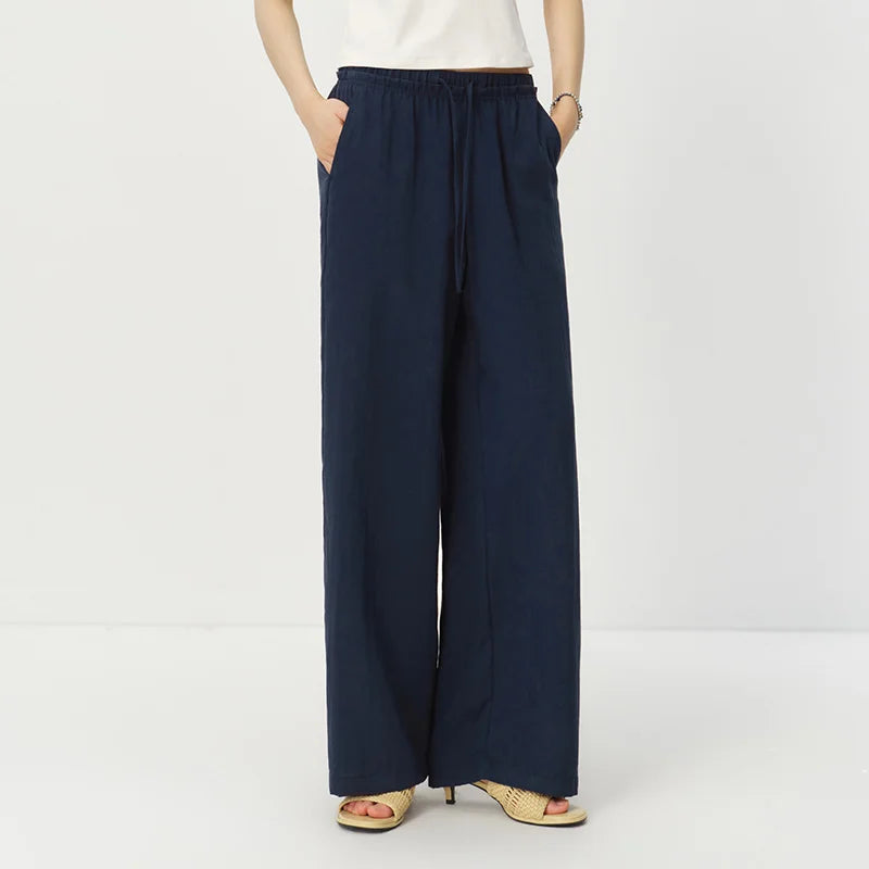 Semir Women Pants Textured 2026 Solid Ruffle Trim Elastic Waist Wide Leg Urban Casual Everyday Style Soft Comfortable