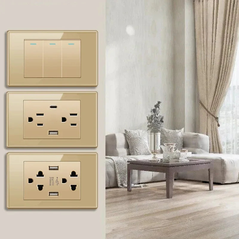 Depoguye US Mexico Wall Light Switch Socket 5V 2.1A USB Type-c Charger Plug,Golden Glass Panel American Standard Power Outlet