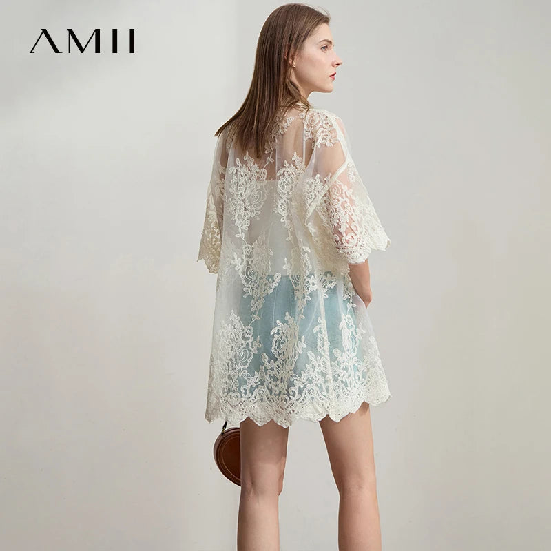 អាវ ការិយាល័យ នារី AMII សាមញ្ញ បំផុត បោះពុម្ព សម្រាប់ នារី រដូវក្តៅ ឆ្នាំ២០២៥ ដៃខ្លី កអាវ បត់ ចុះ ក្រោម អាវ រលុង ម៉ូដ សម្រាប់ នារី 12542155