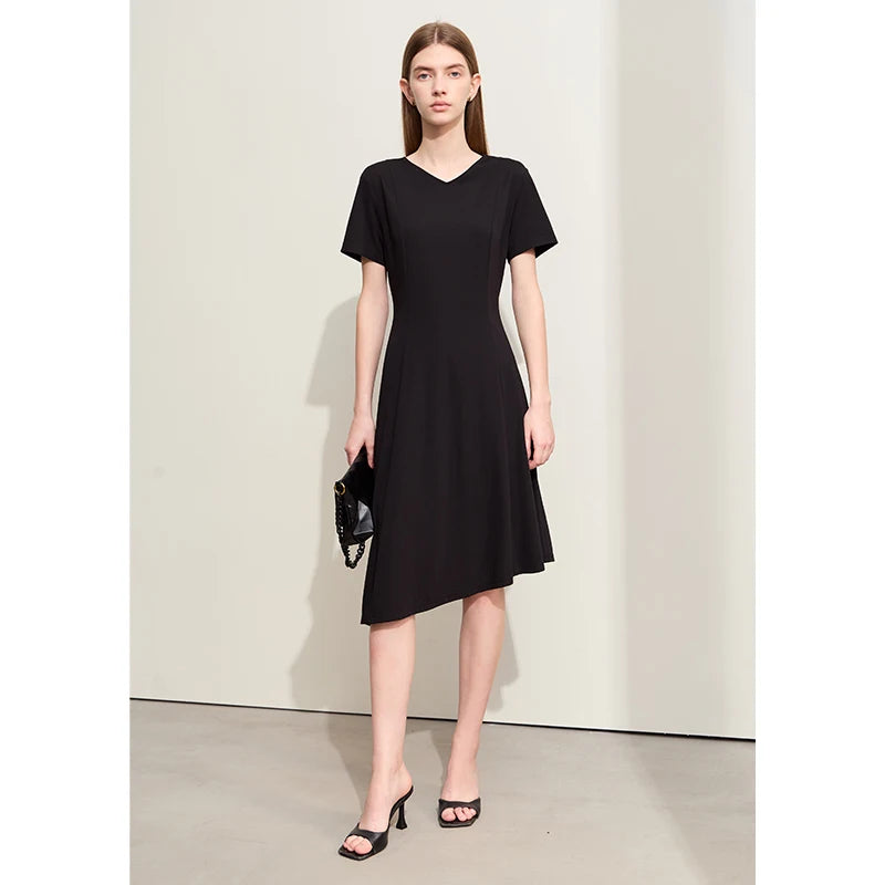 រ៉ូប Amii Minimalism Asymmetric Hem សម្រាប់ស្ត្រី 2026 រដូវក្តៅថ្មី Slim Office Lady រ៉ូបប៉ាក់ V-Neck រឹងមាំ 12442141