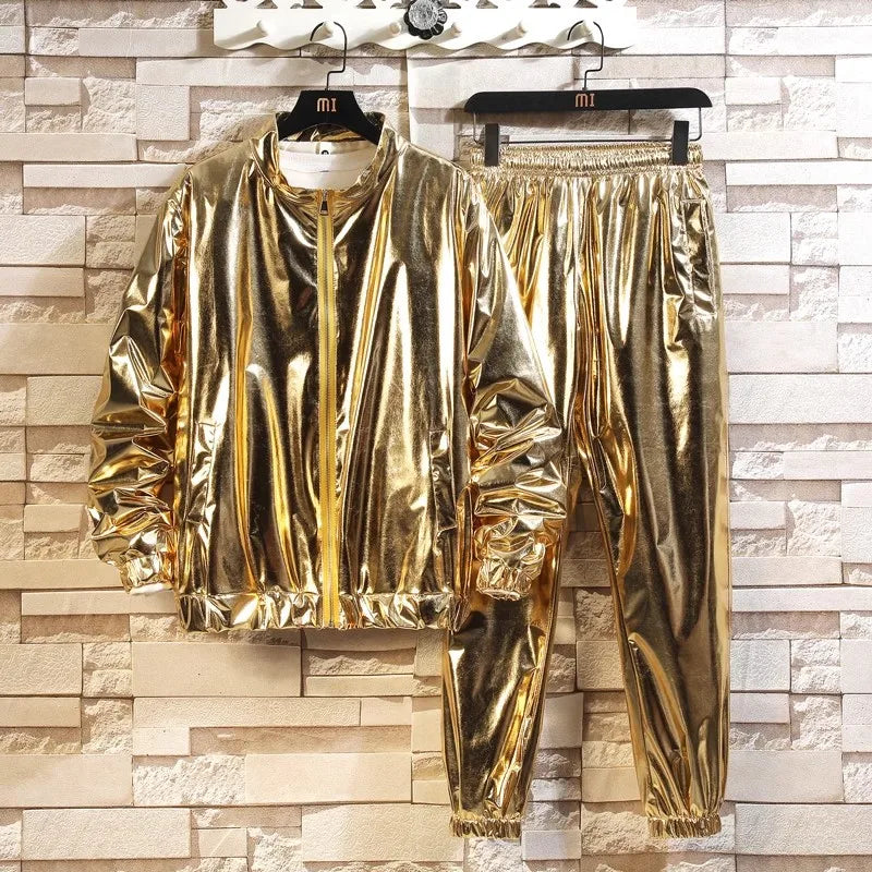 Gold Men's Stage Performance,Shiny Loose Long Sleeve Top With Long Pants,Silver Fashion Casual Suit
