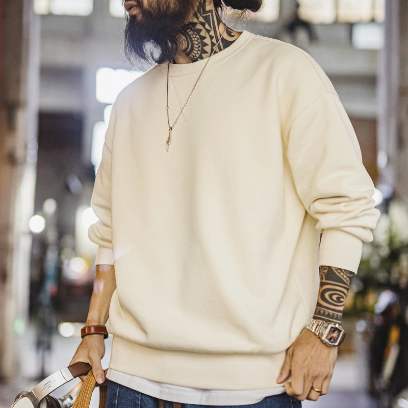 Maden Men's Casual Heavyweight Knit Sweatshirt Loose Fit Crewneck Long Sleeve Pullover Basic Layering Piece for Spring Autumn