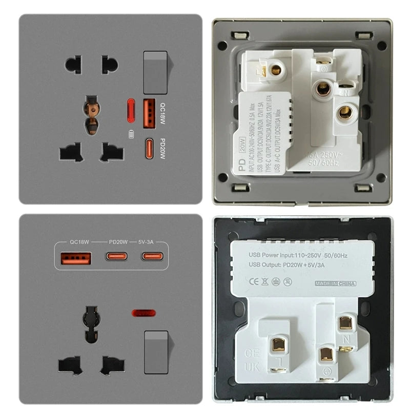 Universal 3/5Pin Smart Socket With 20W Fast Charging Type-C Port,UK Plastic Electrical Wall Double USB Power Outlet AC 110V-250V
