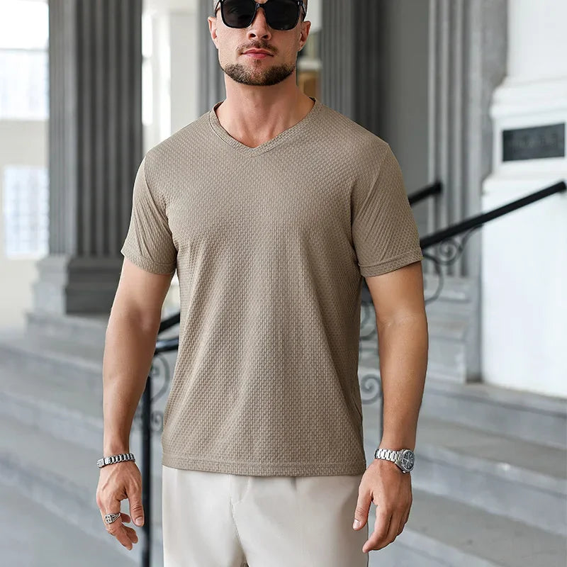 Premium Men's Business Casual V Neck T-Shirt Ice Silk Lightweight Breathable Summer Tops