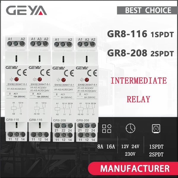 រេឡេប្តូរប្រភេទ GEYA Din Rail GR8 AC DC 12V 24V 230V រេឡេកម្រិតមធ្យម រេឡេជំនួយ 8A 16A ទទួលស្គាល់ដោយ ROHS