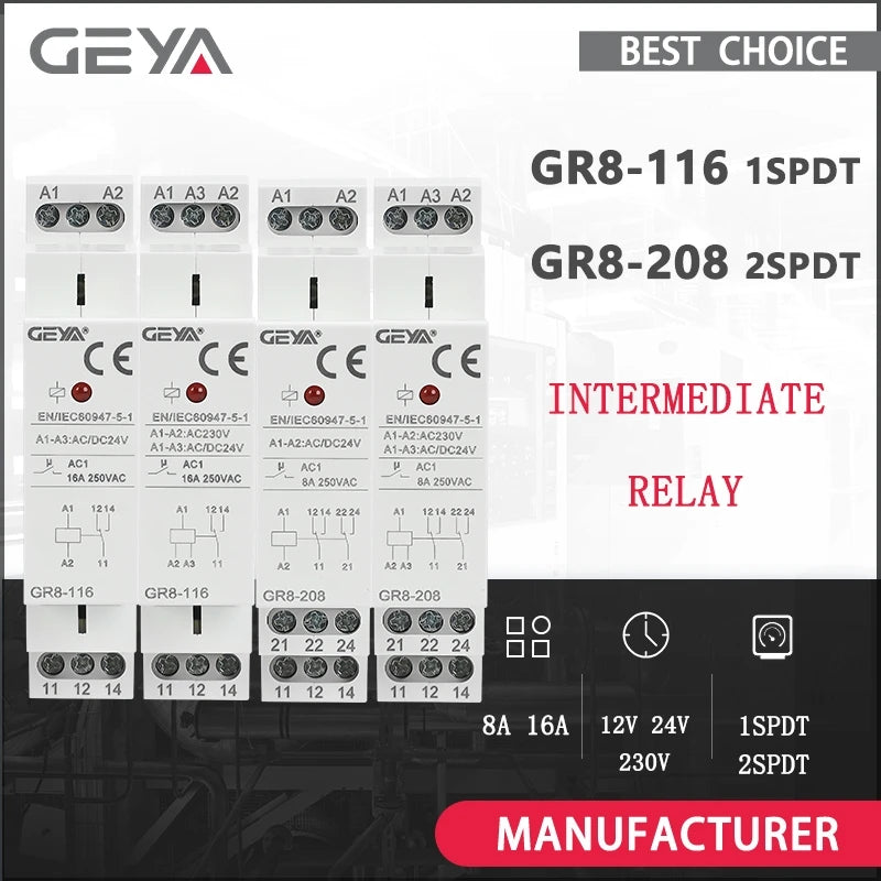 GEYA Din Rail Type GR8 AC DC 12V 24V 230V Switch Relay Intermediate Relay Auxiliary Relay 8A 16A ROHS Approved