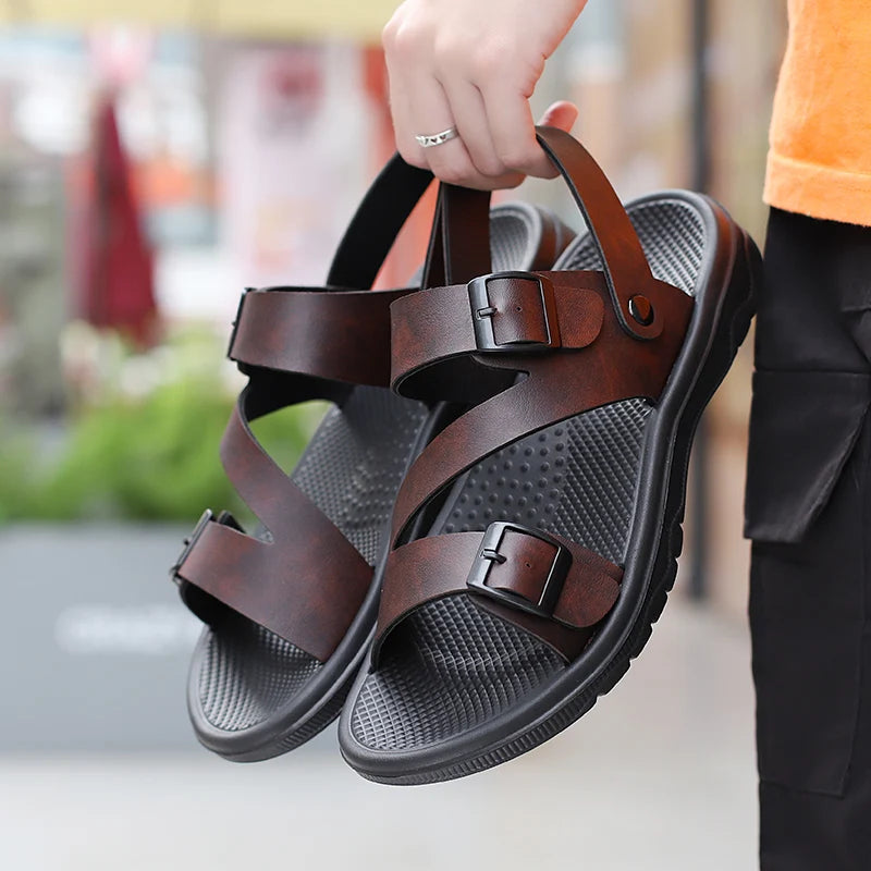 Summer Men PU Leather Sandals Open Toe Black Brown Cheap Sandals Big Size 47 48 Dropshipping