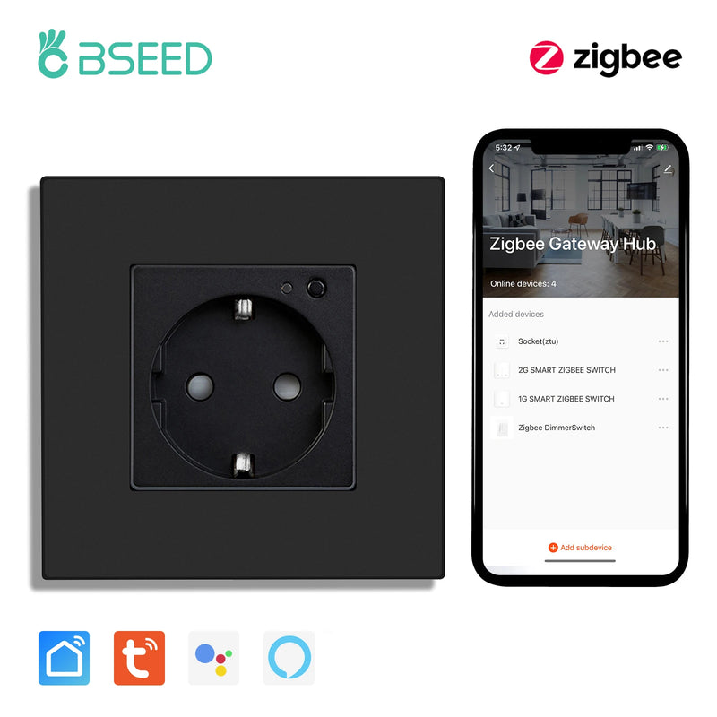 BSEED ZigBee Smart Socket Double Power Outlet Smart Wall Socket Plastic Frame Tuya Google Home Smart Life Control Blue Backlight