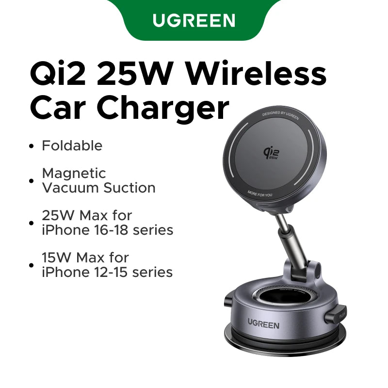 UGREEN Qi2.2 25W Wireless Car Charger Nano-Gel Grip Vacuum Suction Mount Magnetic Phone Holder Fast Charging for iphone 17 16