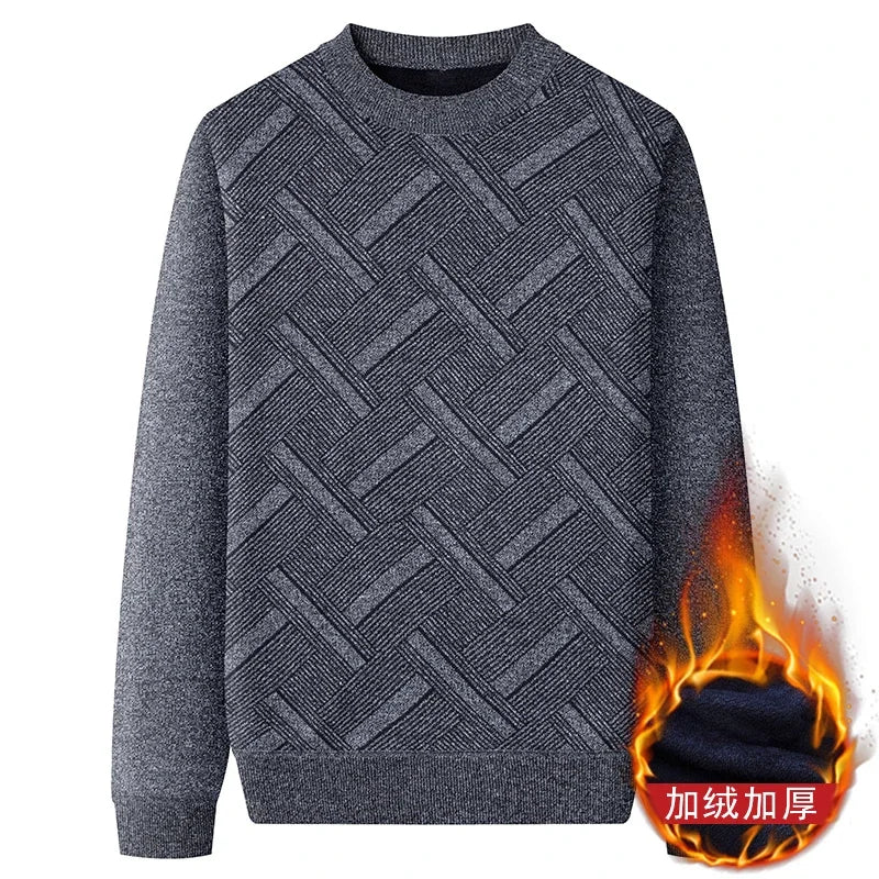 Street Style Male Knit Sweater Geometric Interlaced Stripe Pattern Comfortable Crew Neck Daily Outing Long Sleeve Top
