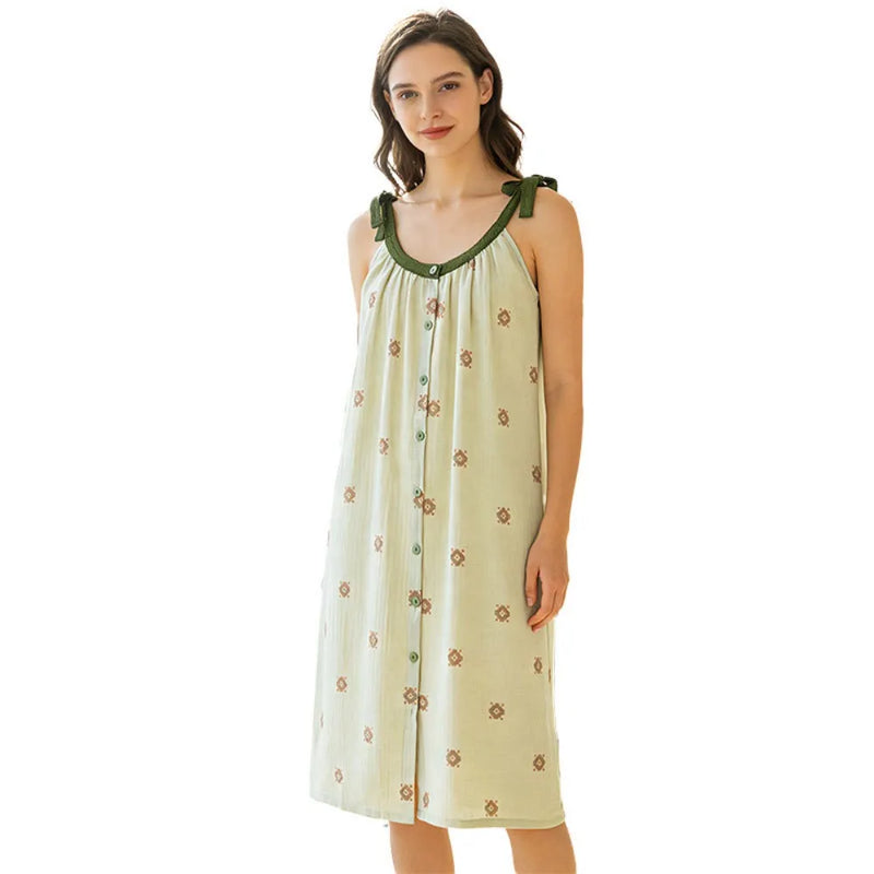 Retro Floral Women's Cotton Nightie Sleeveless Nightdress Nightgown Woman Night Clothes New Thin Summer Pajamas Dress Sleepwear