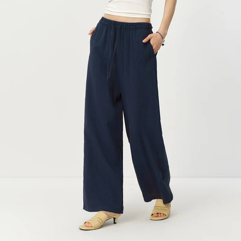 Semir Women Pants Textured 2026 Solid Ruffle Trim Elastic Waist Wide Leg Urban Casual Everyday Style Soft Comfortable