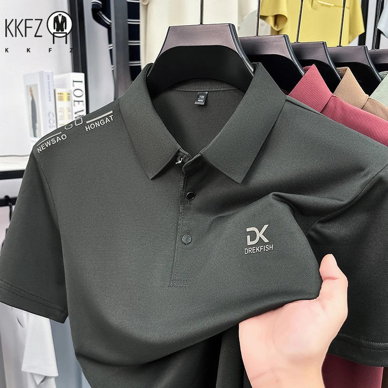Mens Classic Short Sleeve Polo Shirt Lapel Style Chest Embroidery Detail Breathable Top For Daily Commute And Outdoor Use